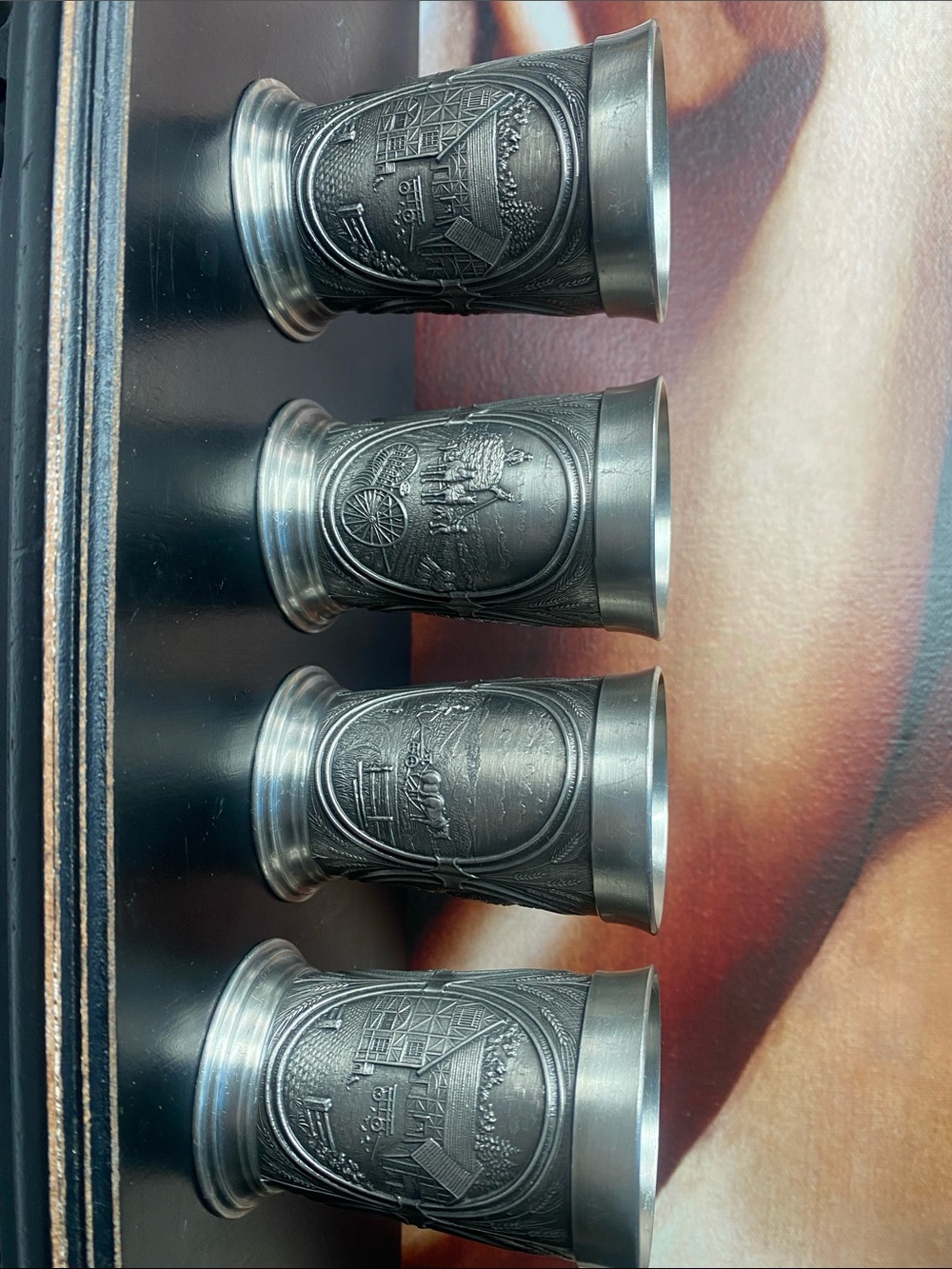 1980’s German Relief Pewter Shot or Schnapps Cups Set of 4